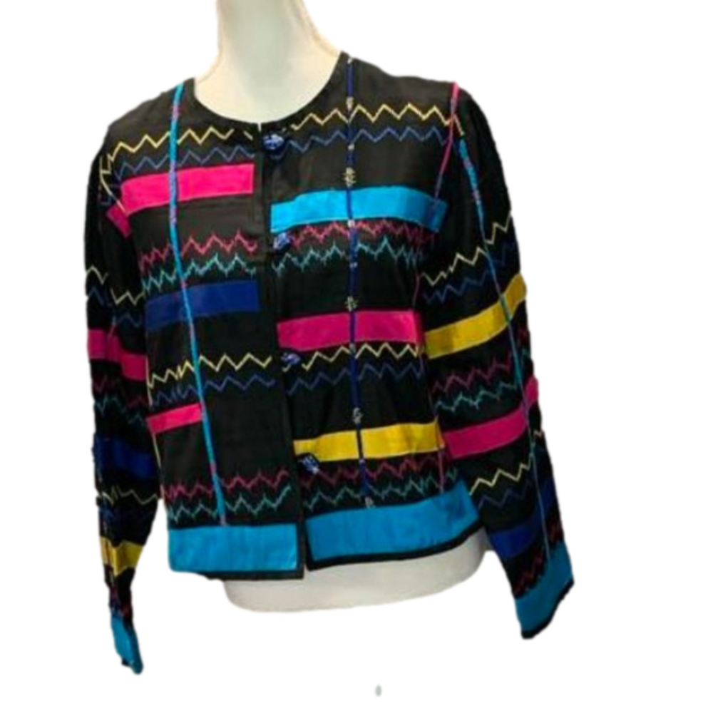 Vintage Julia Kim Silk Jacket 90s Art to Wear Applique Glass Buttons